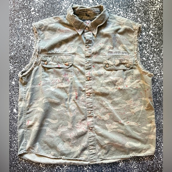Harley-Davidson Camo Paint Splatter Sleeveless Button Down Shirt Size XL - Picture 2 of 4